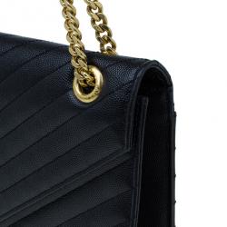 Pre Owned Saint Laurent Black Leather Large Chevron Cassandre Shoulder Bag