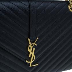Pre Owned Saint Laurent Black Leather Large Chevron Cassandre Shoulder Bag