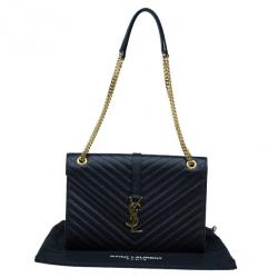 Pre Owned Saint Laurent Black Leather Large Chevron Cassandre Shoulder Bag