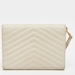 Pre Owned Saint Laurent Off White Matelasse Leather Cassandre Wristlet Clutch
