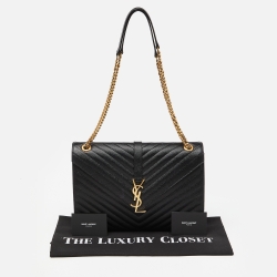 Pre Owned Saint Laurent Black Matelassé Leather Large Monogram Envelope Shoulder Bag