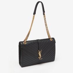 Pre Owned Saint Laurent Black Matelassé Leather Large Monogram Envelope Shoulder Bag