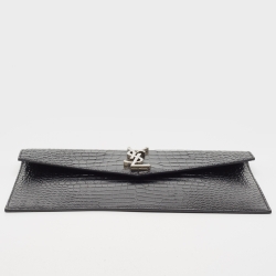 Pre Owned Saint Laurent Black Croc Embossed Leather Uptown Clutch