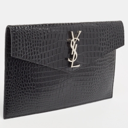 Pre Owned Saint Laurent Black Croc Embossed Leather Uptown Clutch