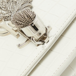 Pre Owned Saint Laurent White Croc Embossed Leather Kate Tassel Chain Wallet