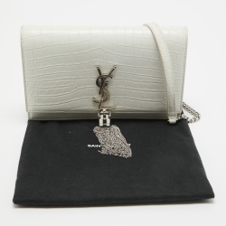 Pre Owned Saint Laurent White Croc Embossed Leather Kate Tassel Chain Wallet