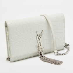Pre Owned Saint Laurent White Croc Embossed Leather Kate Tassel Chain Wallet