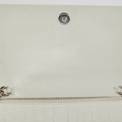 Pre Owned Saint Laurent White Croc Embossed Leather Kate Tassel Chain Wallet