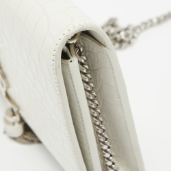 Pre Owned Saint Laurent White Croc Embossed Leather Kate Tassel Chain Wallet