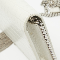 Pre Owned Saint Laurent White Croc Embossed Leather Kate Tassel Chain Wallet