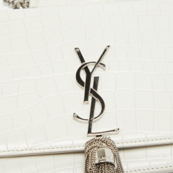Pre Owned Saint Laurent White Croc Embossed Leather Kate Tassel Chain Wallet