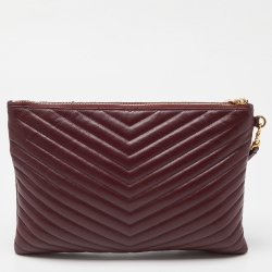 Pre Owned Saint Laurent Burgundy Matelassé Leather Monogram Wristlet Pouch