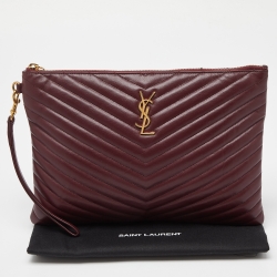Pre Owned Saint Laurent Burgundy Matelassé Leather Monogram Wristlet Pouch