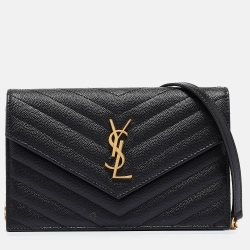 Pre Owned Saint Laurent Black Matelassé Leather Envelope Wallet on Chain