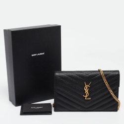 Pre Owned Saint Laurent Black Matelassé Leather Envelope Wallet on Chain