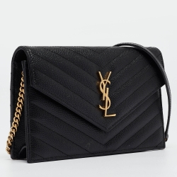 Pre Owned Saint Laurent Black Matelassé Leather Envelope Wallet on Chain