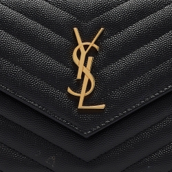Pre Owned Saint Laurent Black Matelassé Leather Envelope Wallet on Chain