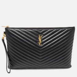 Pre Owned Saint Laurent Black Matelasse Leather Cassandre Wristlet Pouch