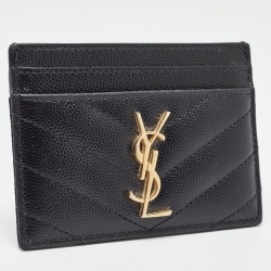 مملوكة مسبقًا Saint Laurent Black Matelassé Leather Monogram Card Holder  