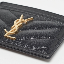 مملوكة مسبقًا Saint Laurent Black Matelassé Leather Monogram Card Holder  