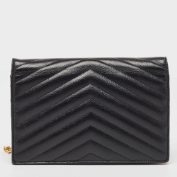 Pre Owned Saint Laurent Black Matelassé Leather Envelope Wallet on Chain