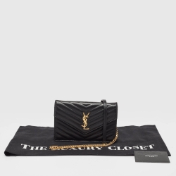Pre Owned Saint Laurent Black Matelassé Leather Envelope Wallet on Chain