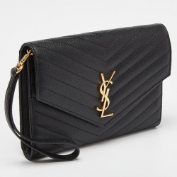 Pre Owned Saint Laurent Black Matelasse Leather Cassandra Wristlet Pouch