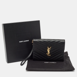 Pre Owned Saint Laurent Black Matelasse Leather Cassandre Wristlet Pouch