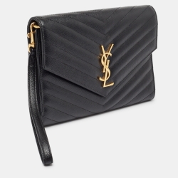Pre Owned Saint Laurent Black Matelasse Leather Cassandre Wristlet Pouch