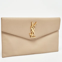 Pre Owned Saint Laurent Beige Leather Uptown Clutch