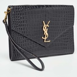 Pre Owned Saint Laurent Black Croc Embossed Leather Cassandre Flap Pouch