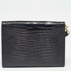 Pre Owned Saint Laurent Black Croc Embossed Leather Cassandre Flap Pouch