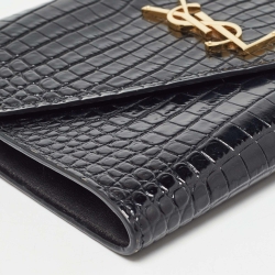 Pre Owned Saint Laurent Black Croc Embossed Leather Cassandre Flap Pouch