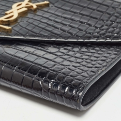 Pre Owned Saint Laurent Black Croc Embossed Leather Cassandre Flap Pouch