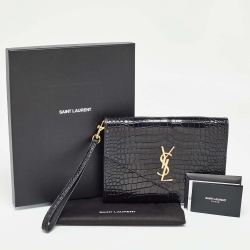 Pre Owned Saint Laurent Black Croc Embossed Leather Cassandre Flap Pouch