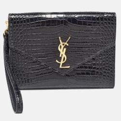 Pre Owned Saint Laurent Black Croc Embossed Leather Cassandre Flap Pouch