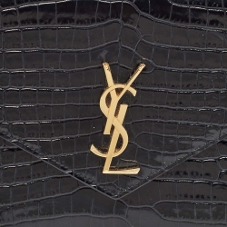 Pre Owned Saint Laurent Black Croc Embossed Leather Cassandre Flap Pouch