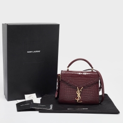 Pre Owned Saint Laurent Burgundy Croc Embossed Leather Mini Cassandra Top Handle Bag