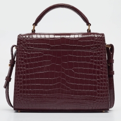 Pre Owned Saint Laurent Burgundy Croc Embossed Leather Mini Cassandra Top Handle Bag