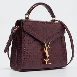 Pre Owned Saint Laurent Burgundy Croc Embossed Leather Mini Cassandra Top Handle Bag