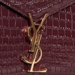 Pre Owned Saint Laurent Burgundy Croc Embossed Leather Mini Cassandra Top Handle Bag