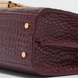Pre Owned Saint Laurent Burgundy Croc Embossed Leather Mini Cassandra Top Handle Bag