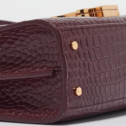 Pre Owned Saint Laurent Burgundy Croc Embossed Leather Mini Cassandra Top Handle Bag