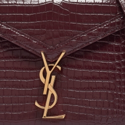 Pre Owned Saint Laurent Burgundy Croc Embossed Leather Mini Cassandra Top Handle Bag