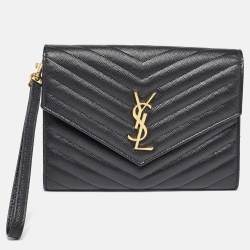 Pre Owned Saint Laurent Black Matelassé Leather Cassandre Wristlet Pouch