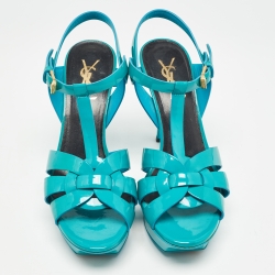 Pre Owned Saint Laurent Blue Patent Leather Tribute Sandals Size 37