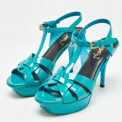 Pre Owned Saint Laurent Blue Patent Leather Tribute Sandals Size 37