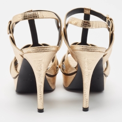 مملوكة مسبقًا Saint Laurent Gold Lizard Embossed Leather Tribute Sandals Size 38