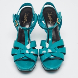مملوكة مسبقًا Saint Laurent Green Patent Leather Tribute Platform Sandals Size 39