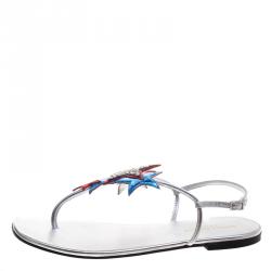 Pre Owned Saint Laurent Paris Metallic Star Appliqué Leather Nu Pied Flat Thong Sandals Size 38